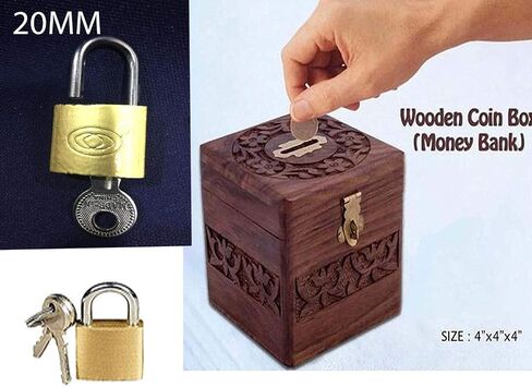Wooden Money Bank Piggy Bank,Money Storage Box .Handmade Brown Wooden Money Bank with Full Carving Design/Square Shape Money Storage Box. Padlock Lock Size = 20MM 2 Keys Safe Box in Saudi Arabia