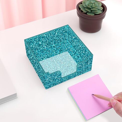 Rouidr Acrylic Sticky Note Holder, Self Stick Note Pad Holder, 3.94 x 3.94 Inch Glitter Memo Pad Dispenser Organizer for School Office Home Desk Supplies, Pink in Kuwait