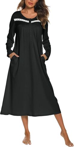 Ekouaer Long Sleeve Nightgowns for Women Long Sleepshirts Button Night Gowns Sleepwear Full Length Sleep Dress with Pockets in Kuwait