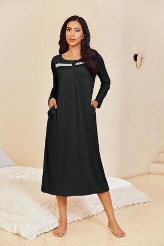 Ekouaer Long Sleeve Nightgowns for Women Long Sleepshirts Button Night Gowns Sleepwear Full Length Sleep Dress with Pockets in Kuwait