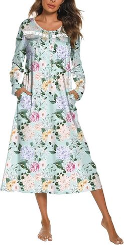 Ekouaer Long Sleeve Nightgowns for Women Long Sleepshirts Button Night Gowns Sleepwear Full Length Sleep Dress with Pockets in Kuwait