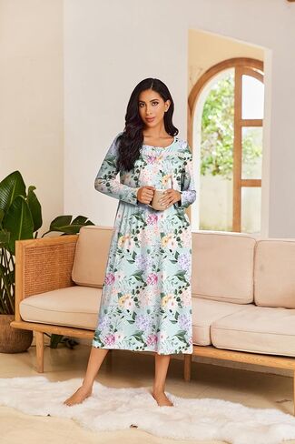 Ekouaer Long Sleeve Nightgowns for Women Long Sleepshirts Button Night Gowns Sleepwear Full Length Sleep Dress with Pockets in Kuwait