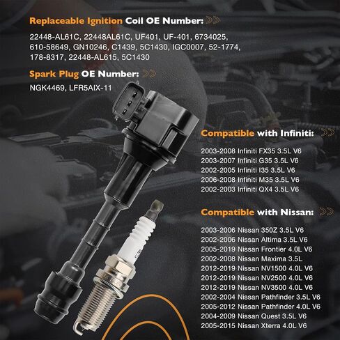 Ignition Coil Pack & Iridium Spark Plugs Set of 6 Compatible with Infiniti M35 FX35 G35 I35 QX4 Nissan 350Z Pathfinder Altima Frontier 3.5L 4.0L V6 Replaces# 22448-AL61C, UF401 in Saudi Arabia