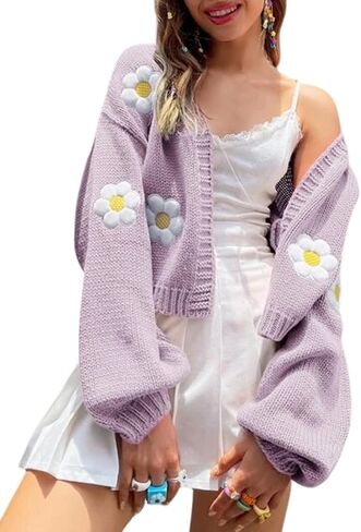 Arssm Y2K Womens Flower Cardigan Sweater Long Sleeve Knit Cropped Cardigan Open Front Cute Shrug Fall Sweater 90s Outfits in Saudi Arabia