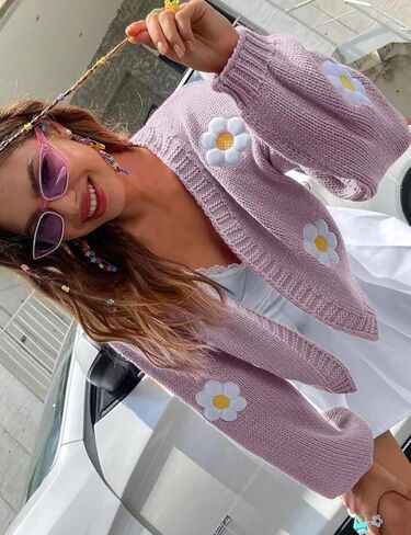Arssm Y2K Womens Flower Cardigan Sweater Long Sleeve Knit Cropped Cardigan Open Front Cute Shrug Fall Sweater 90s Outfits in Saudi Arabia