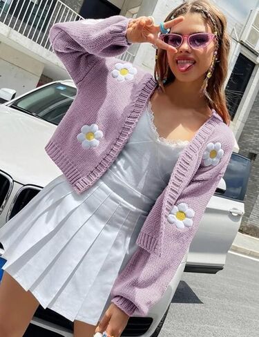 Arssm Y2K Womens Flower Cardigan Sweater Long Sleeve Knit Cropped Cardigan Open Front Cute Shrug Fall Sweater 90s Outfits in Saudi Arabia