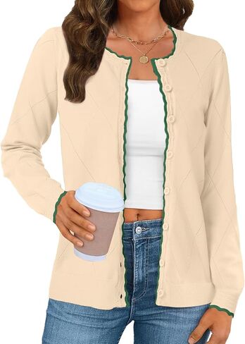 Tanou Women's Contrast Color Cardigan Sweater Button Down Crew Neck Knit Cardigans Long Sleeve Lightweight Casual Tops in Saudi Arabia