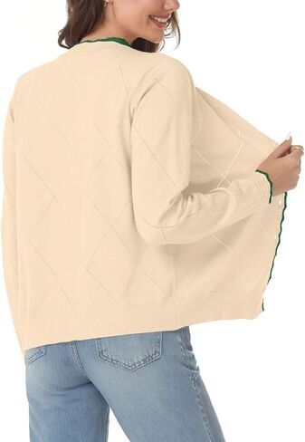 Tanou Women's Contrast Color Cardigan Sweater Button Down Crew Neck Knit Cardigans Long Sleeve Lightweight Casual Tops in Saudi Arabia