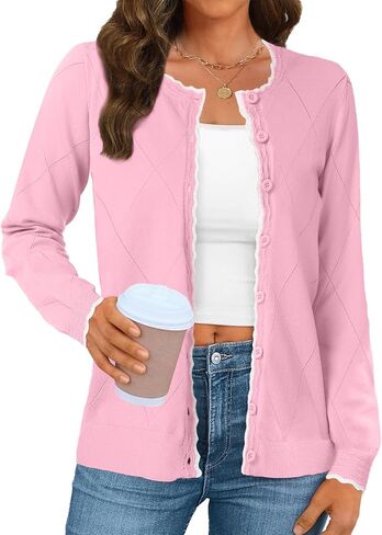Tanou Women's Contrast Color Cardigan Sweater Button Down Crew Neck Knit Cardigans Long Sleeve Lightweight Casual Tops in Saudi Arabia