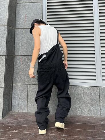 Mens Casual Fashion Bib Overalls with Pockets (Non Leg Pockets) Straight Leg Loose Fit Jean Jumpsuit in Saudi Arabia