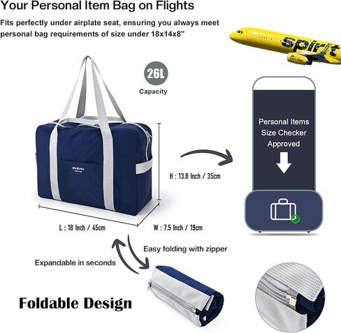 Personal Item Bag for Frontier Spirit Airlines 18x14x8, Under Seat Bags for Airplanes, Portable Foldable Duffle Bag for Travel Fitness Swim Yoga Beach, Navy Blue in Saudi Arabia