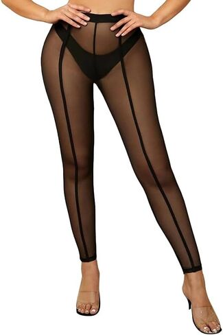 Yilanmy المرأة مثير انظر من خلال طماق عالية الخصر الأسود شير شبكة الجوارب مرونة قلم رصاص السراويل in Kuwait