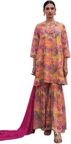Janasya Indian Women's Multicolor Georgette Floral Yoke Embroidery Panelled Kurta Set in Saudi Arabia