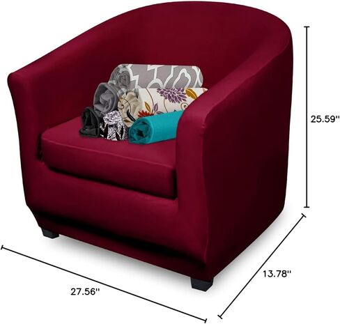 FIGOOO 2 Piece Club Chair Slipcover Stretch Tub Chair Covers Spandex Club Armchair Covers with Cushion Cover Printed Universal Round Barrel Chair Covers for Livining Room Counter,Burgundy in Kuwait