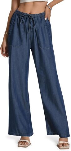 Skirt BL Women's Drawstring Elastic Waist Jeans Pull on Wide Leg Flowy Jeans for Trendy Soft Lightweight Denim Pants in Saudi Arabia