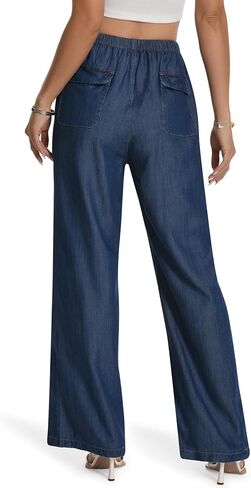 Skirt BL Women's Drawstring Elastic Waist Jeans Pull on Wide Leg Flowy Jeans for Trendy Soft Lightweight Denim Pants in Saudi Arabia