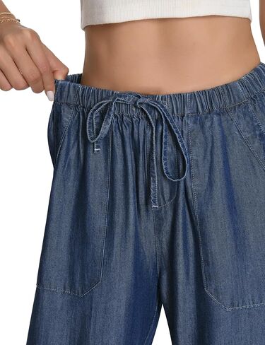 Skirt BL Women's Drawstring Elastic Waist Jeans Pull on Wide Leg Flowy Jeans for Trendy Soft Lightweight Denim Pants in Saudi Arabia