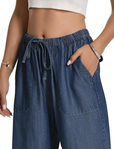 Skirt BL Women's Drawstring Elastic Waist Jeans Pull on Wide Leg Flowy Jeans for Trendy Soft Lightweight Denim Pants in Saudi Arabia