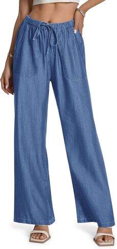 Skirt BL Women's Drawstring Elastic Waist Jeans Pull on Wide Leg Flowy Jeans for Trendy Soft Lightweight Denim Pants in Saudi Arabia