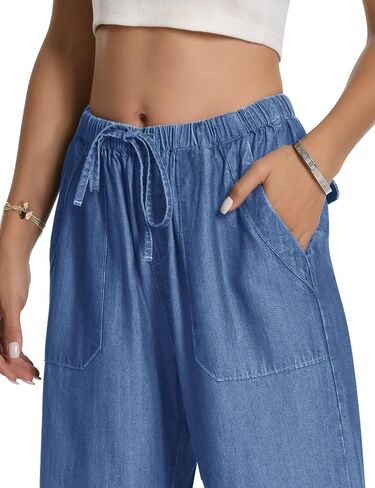Skirt BL Women's Drawstring Elastic Waist Jeans Pull on Wide Leg Flowy Jeans for Trendy Soft Lightweight Denim Pants in Saudi Arabia