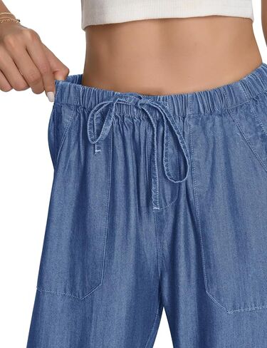 Skirt BL Women's Drawstring Elastic Waist Jeans Pull on Wide Leg Flowy Jeans for Trendy Soft Lightweight Denim Pants in Saudi Arabia