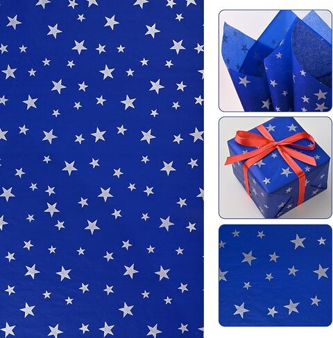 Bolsome 60 Sheets 20 * 20 Inches Silver Star Tissue Paper, Patriot Day Tissue Paper for Gift Wrapping for Birthday Baby Shower Veterans Day Patriotic Day Gift Wrapping in Saudi Arabia