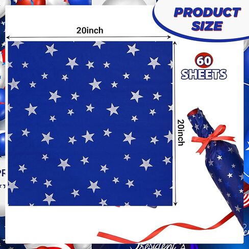 Bolsome 60 Sheets 20 * 20 Inches Silver Star Tissue Paper, Patriot Day Tissue Paper for Gift Wrapping for Birthday Baby Shower Veterans Day Patriotic Day Gift Wrapping in Saudi Arabia