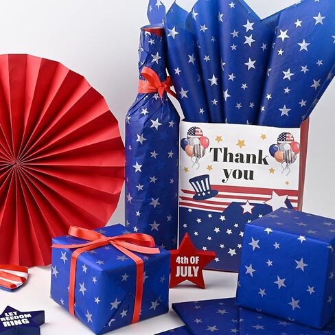 Bolsome 60 Sheets 20 * 20 Inches Silver Star Tissue Paper, Patriot Day Tissue Paper for Gift Wrapping for Birthday Baby Shower Veterans Day Patriotic Day Gift Wrapping in Saudi Arabia