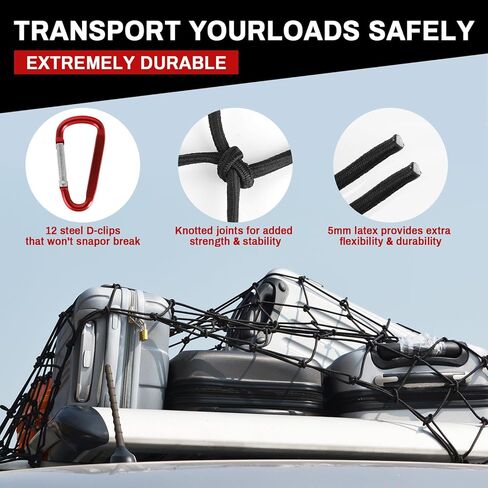 4'x6' Heavy Duty Cargo Net - Stretches to 8' x 12', 10mm Thick Cord Bungee Cargo Netting for Truck Bed & Roof Rack, Includes 12 Steel Carabiners in Kuwait