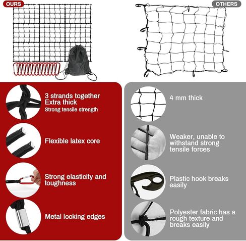 4'x6' Heavy Duty Cargo Net - Stretches to 8' x 12', 10mm Thick Cord Bungee Cargo Netting for Truck Bed & Roof Rack, Includes 12 Steel Carabiners in Kuwait