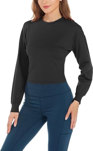 Womens Long Sleeve Shirts - Fall Fashion Tops Crew Neck Casual Outfits Clothes Workout Crop Tops Athletic Cropped Tops in Saudi Arabia
