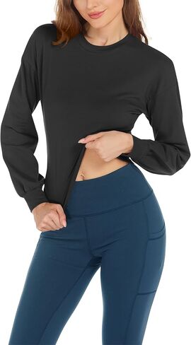 Womens Long Sleeve Shirts - Fall Fashion Tops Crew Neck Casual Outfits Clothes Workout Crop Tops Athletic Cropped Tops in Saudi Arabia