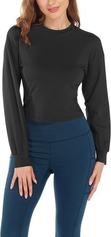 Womens Long Sleeve Shirts - Fall Fashion Tops Crew Neck Casual Outfits Clothes Workout Crop Tops Athletic Cropped Tops in Saudi Arabia