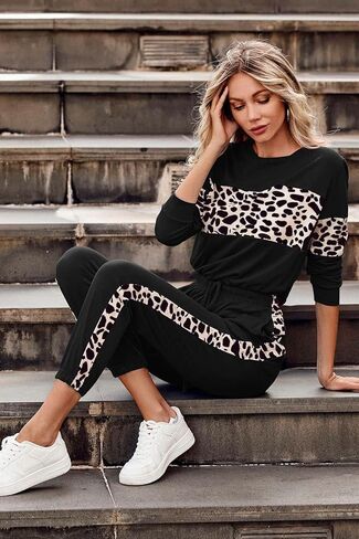 Leopard Sweatsuits Women 2 Piece Sets Fall Casual Crew neck Long Sleeve Tops pants Sexy Tracksuit with Pockets in Saudi Arabia