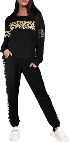 Leopard Sweatsuits Women 2 Piece Sets Fall Casual Crew neck Long Sleeve Tops pants Sexy Tracksuit with Pockets in Saudi Arabia