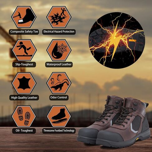 6" Work Boots For Men Leather ASTM F2413-18 Composite Safety Toe EH Rated Arch Support Anti Fatigue in Saudi Arabia