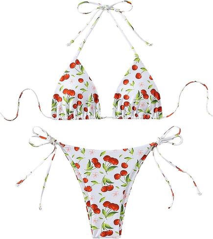 SOLY HUX Women's Bikini Sets Cherry Print Halter Triangle Tie Side Bathing Suits 2 Piece Swimsuit in Saudi Arabia