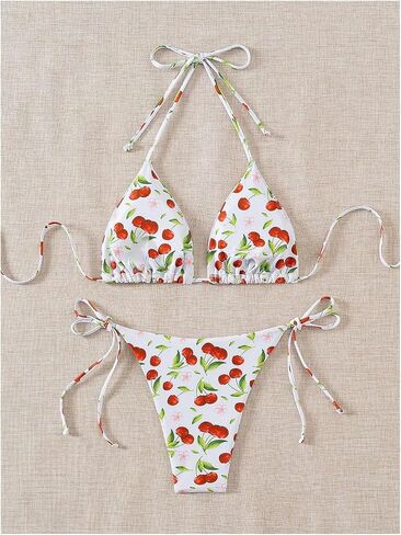 SOLY HUX Women's Bikini Sets Cherry Print Halter Triangle Tie Side Bathing Suits 2 Piece Swimsuit in Saudi Arabia