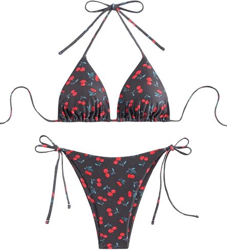 SOLY HUX Women's Bikini Sets Cherry Print Halter Triangle Tie Side Bathing Suits 2 Piece Swimsuit in Saudi Arabia