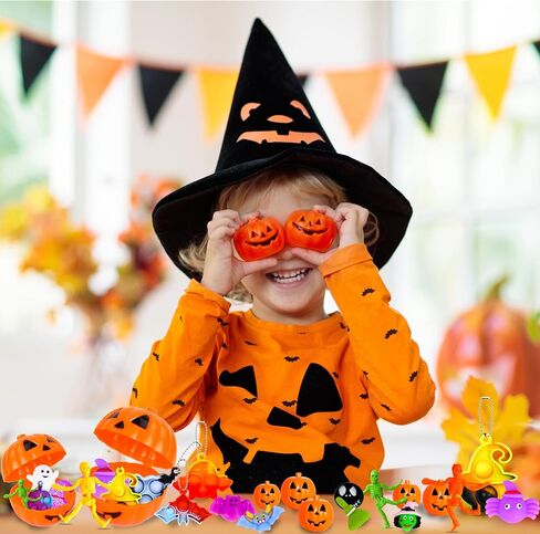 Halloween Party Favors, 48 Pcs Prefilled Plastic Pumpkins Halloween Toys in Bulk, Halloween Goodie Bags Fillers,Trick or Treat Classroom Prizes, Halloween Prizes Gifts for Kids in Kuwait