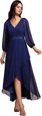 Ever-Pretty Women's Long Sleeves V Neck A Line Appliques Midi Chiffon Maxi Formal Dresses 03027 in Saudi Arabia