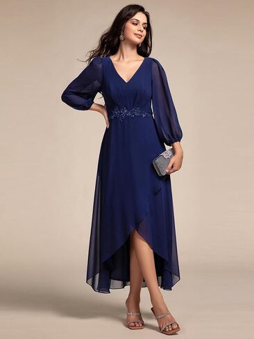 Ever-Pretty Women's Long Sleeves V Neck A Line Appliques Midi Chiffon Maxi Formal Dresses 03027 in Saudi Arabia