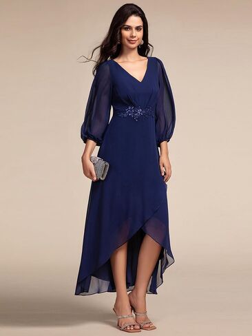 Ever-Pretty Women's Long Sleeves V Neck A Line Appliques Midi Chiffon Maxi Formal Dresses 03027 in Saudi Arabia