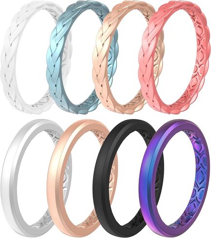 ThunderFit Stackable Silicone Rings for Women, Breathable Rubber Wedding Bands - Braided Design 3mm Wide 1.8mm Thick - 3/8 Variety Multipack in Kuwait