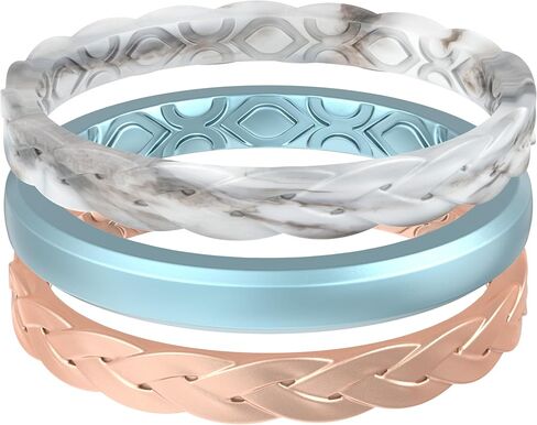 ThunderFit Stackable Silicone Rings for Women, Breathable Rubber Wedding Bands - Braided Design 3mm Wide 1.8mm Thick - 3/8 Variety Multipack in Kuwait