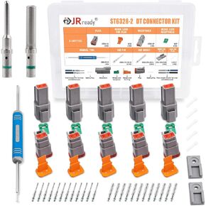 JRready Deutsch Connector 2 Pin Connector Kits with 16 Solid Contacts(14-20AWG),ST6328-2 DT Series Waterproof Connector 2 Pin 5 Set and Deutsch Pin Removal Tool DRK-RT1B with Mounting Clips