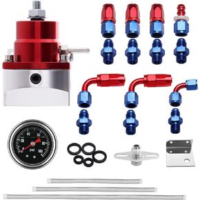 EFI Fuel Pressure Regulator Kit with Bypass Return 0-100psi Pressure Gauge AN6-6AN Fuel Line Hose Fitting Connectors Kit Adjustable Universal Aluminum (Red)