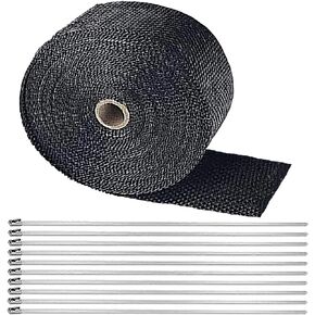 Deecam Exhaust Heat Wrap, 2'' x 16.5' Black Fiberglass Heat Resistant Exhaust Wrap Roll for Motorcycle, Car Exhaust Pipe Heat Insulation Muffler Tape with 10 Stainless Locking Ties