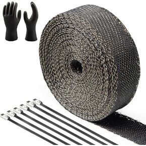 2" x 50' Titanium and Black Blended Exhaust Heat Wrap for Motorcycle Heat Shield Tape, Twill Weave with 14 Stainless Ties and Gloves