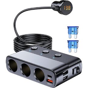LIHAN Cigarette Lighter Plug Splitter,7 in 1 Car Charger Adapter 3 Socket Power 12V/24V, Type-C and QC3.0, 2 USB Charging Ports(3.3ft Cable),Independent Switches,LED Voltage Display,DC Outlet